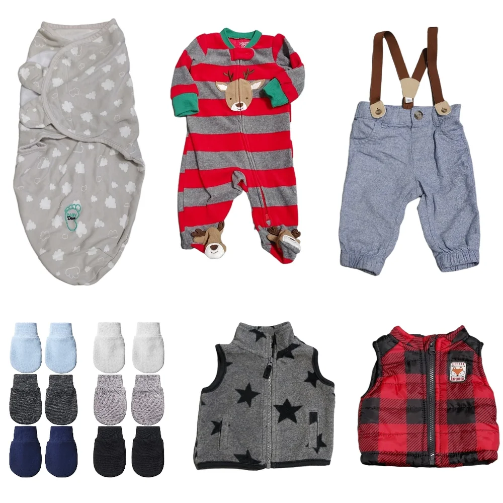 11 Piece Newborn Clothing Christmas Holiday Footie Swaddle Vest Mitten Lot
